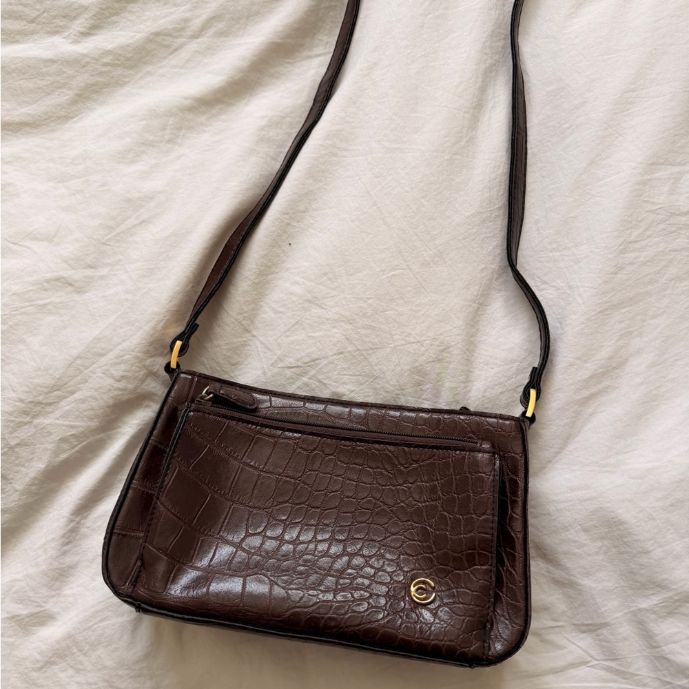 Cornell Croc-Embossed leather Shoulder Bag with Gold Accent